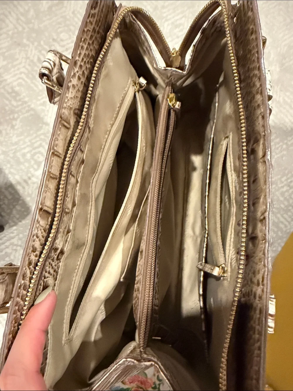 Brahmin Taupe Croc-Embossed Leather Satchel with Detachable Strap
